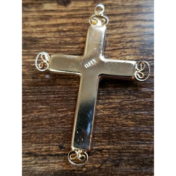 Micro Mosaic Cross Pendant Gold Tone Filigree 2" Blue Yellow White Floral Italy - Picture 6 of 7